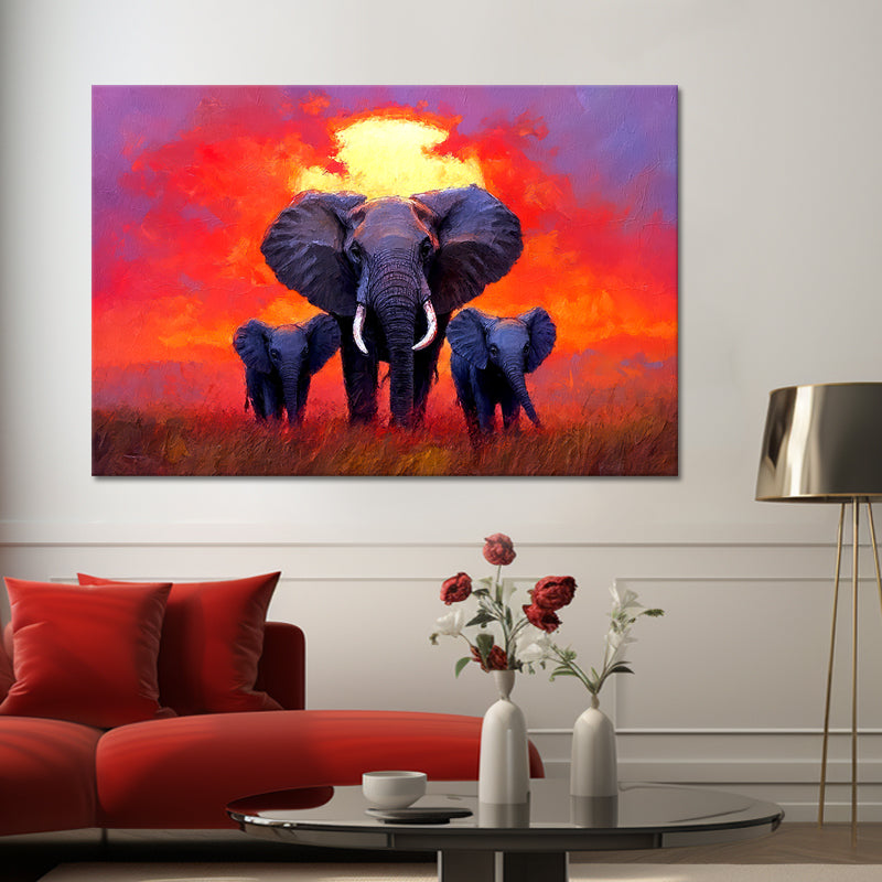 Olifanten familie bij zonsondergang