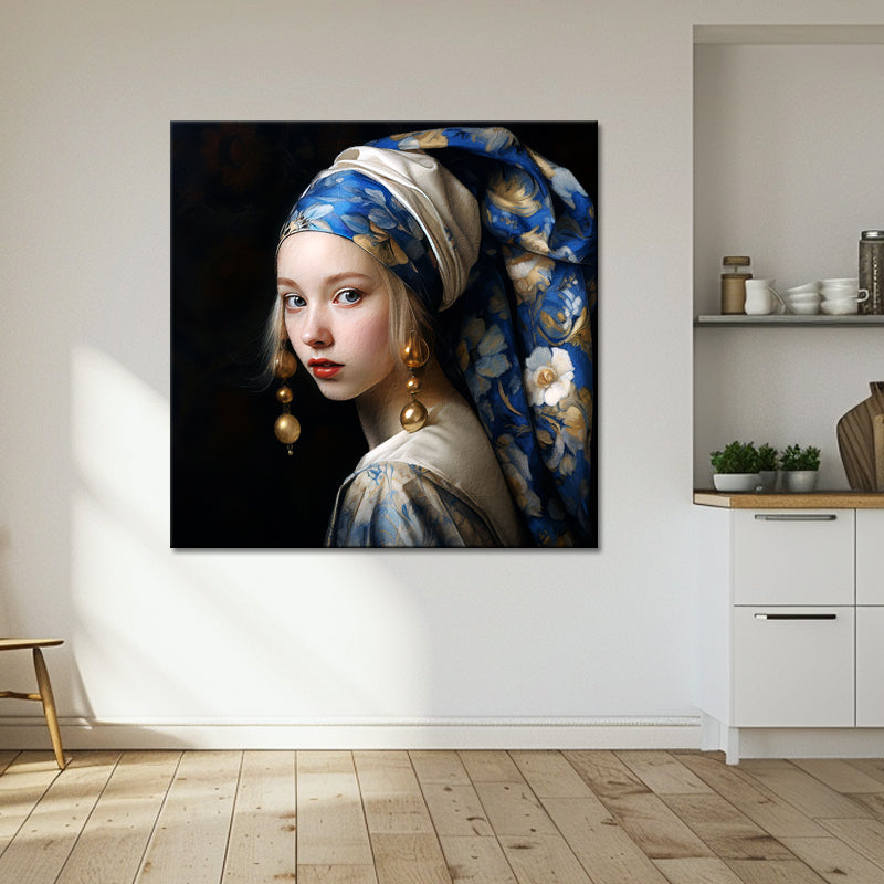 Vrouw in Delfts blauw sjaal