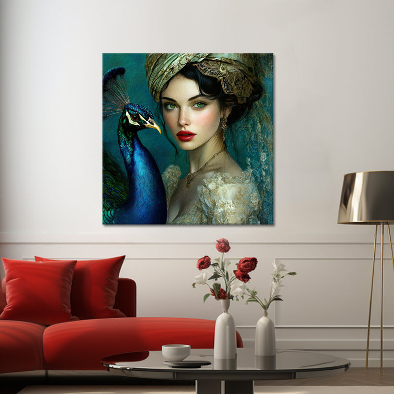 Schilderij Vrouw met Pauw
