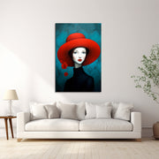 Vrouw met rode hoed schilderij