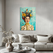 Frau mit Vogel und Blumen