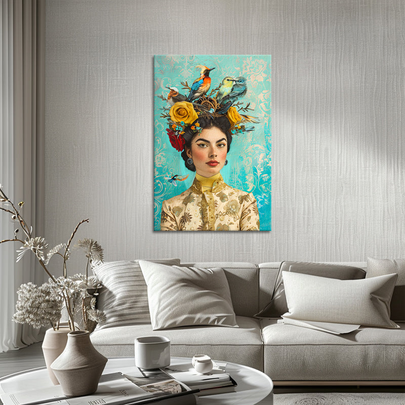 Frau mit Vogel und Blumen