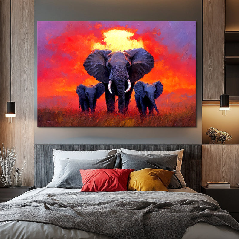 Olifanten familie bij zonsondergang
