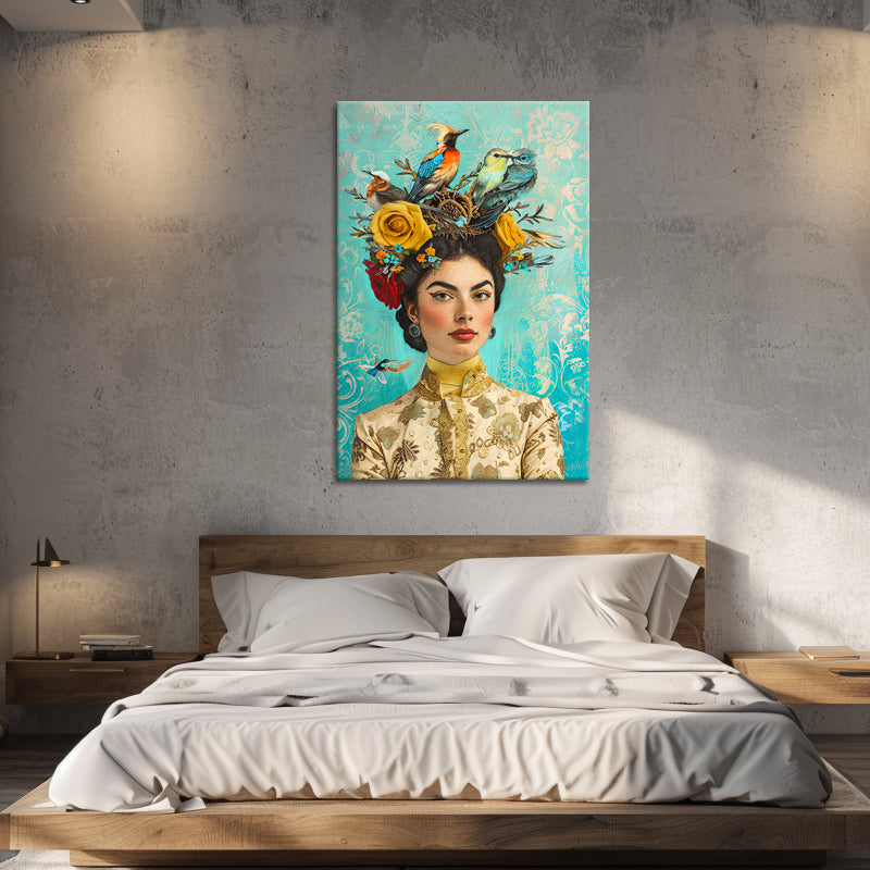 Frau mit Vogel und Blumen