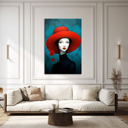 Vrouw met rode hoed schilderij