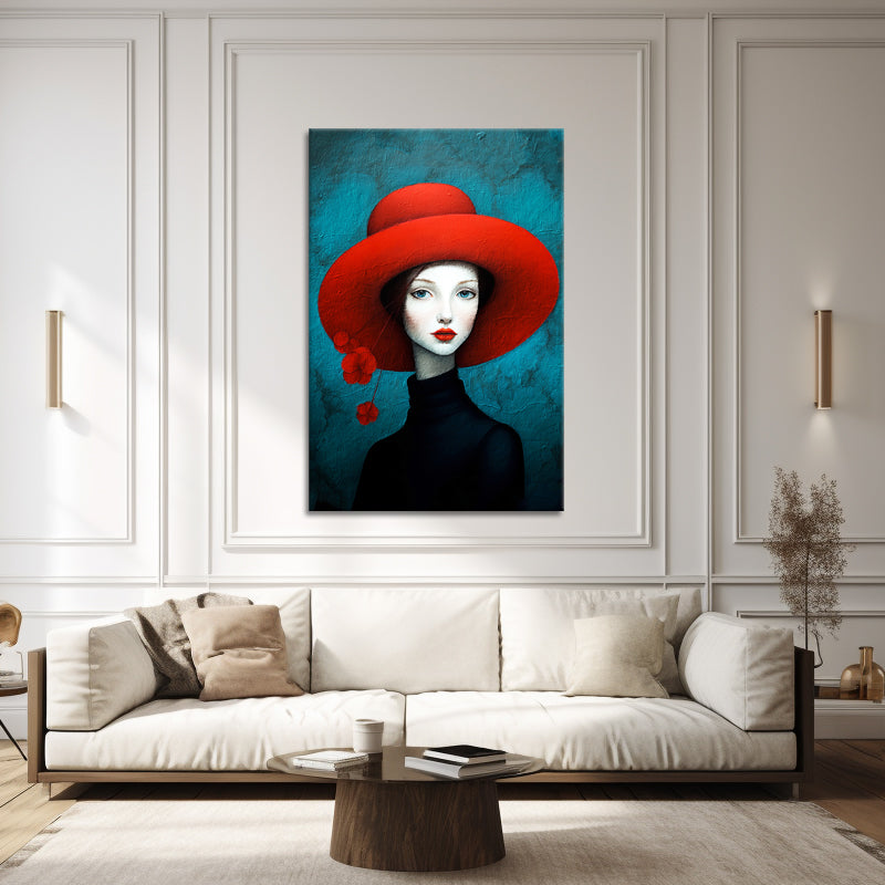 Vrouw met rode hoed schilderij