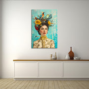 Frau mit Vogel und Blumen
