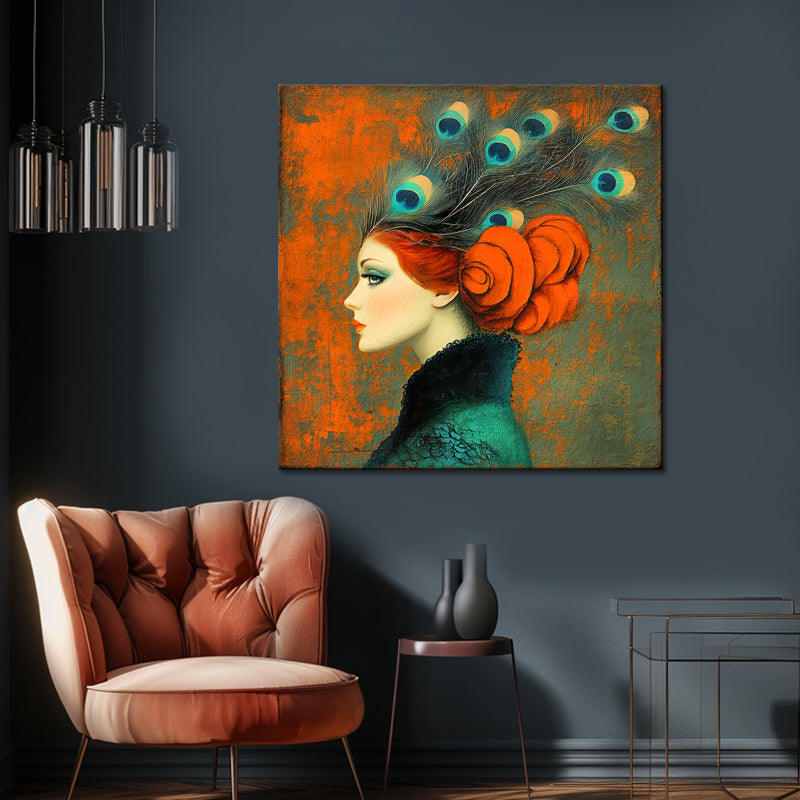 Frau mit Pfauenfedern Kunst