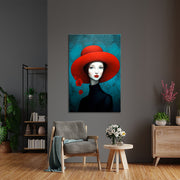Vrouw met rode hoed schilderij
