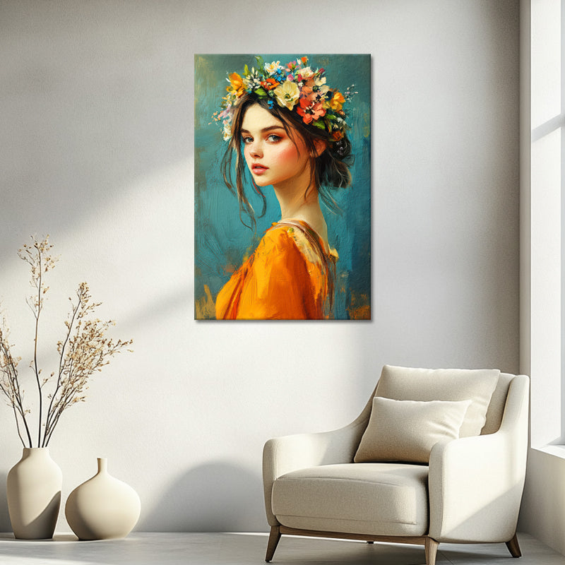 Schilderij mooie vrouw met bloemen
