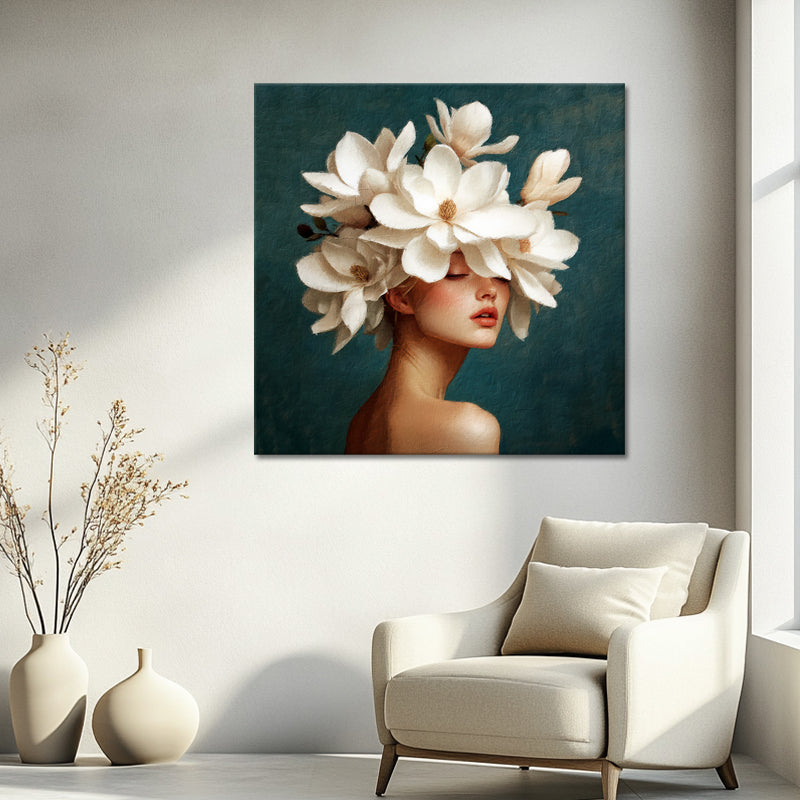 Frau mit weißen Magnolienblüten