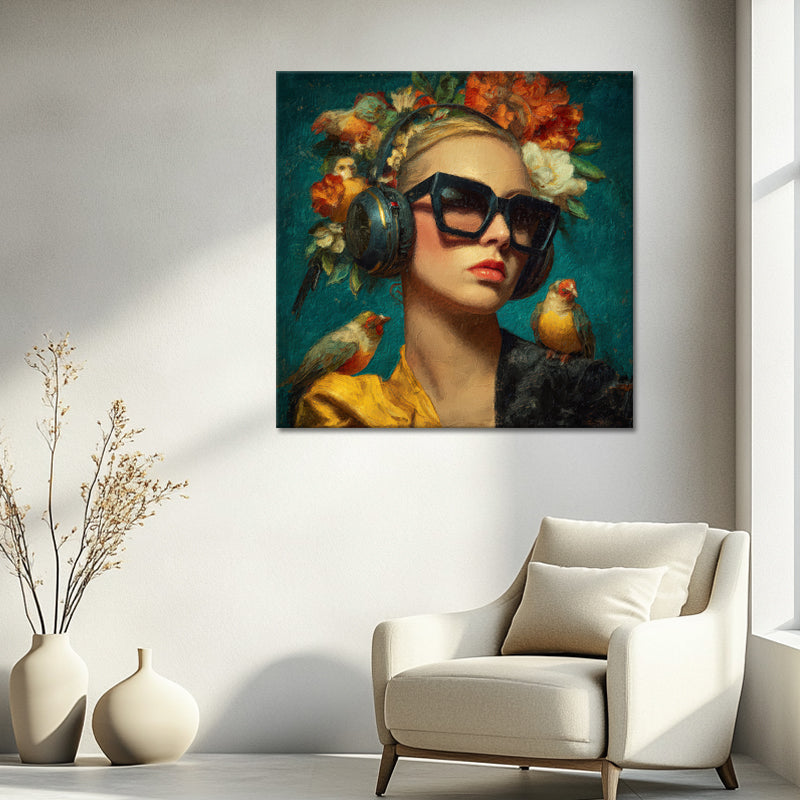 Frau mit Sonnenbrille und Kopfhörern