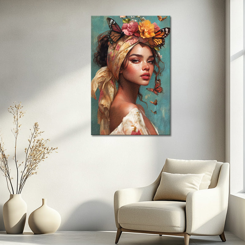 Schöne Frau mit Blumen und Schmetterlingen III