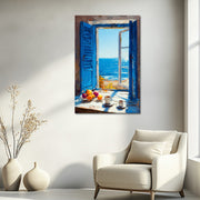 Raam met blauwe luiken