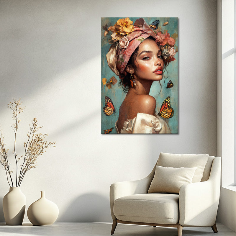 Schöne Frau mit Blumen und Schmetterlingen