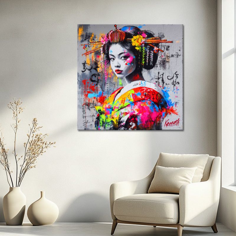 Asiatische Frau im Kimono-Graffiti
