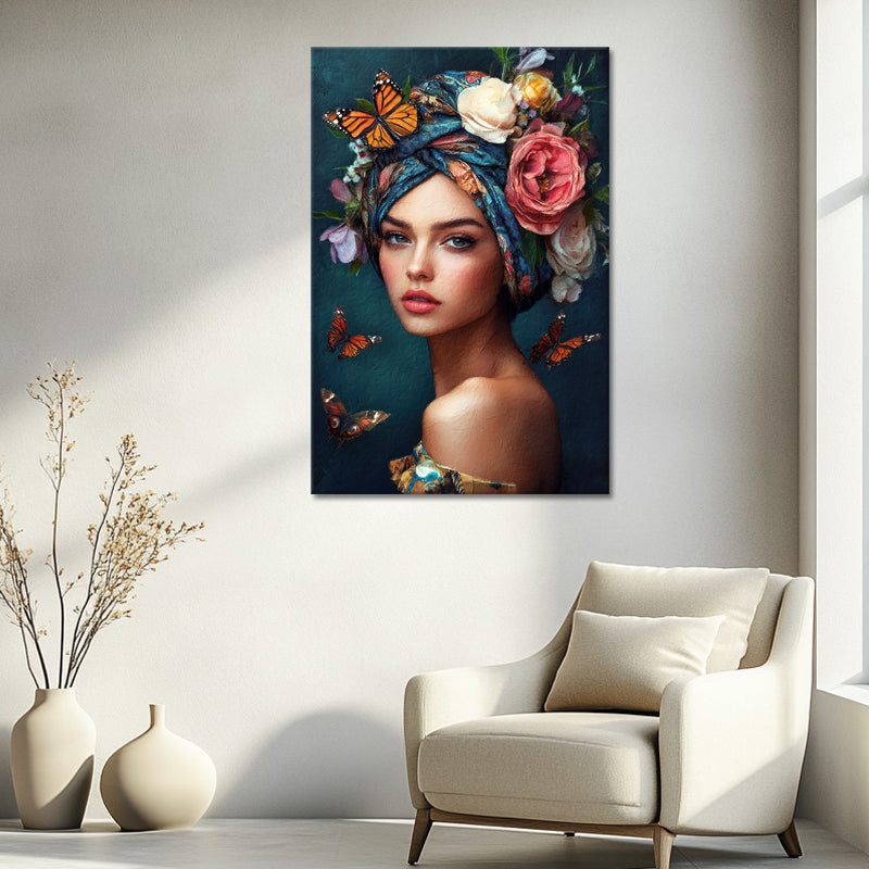 Schöne Frau mit Blumen und Schmetterlingen II