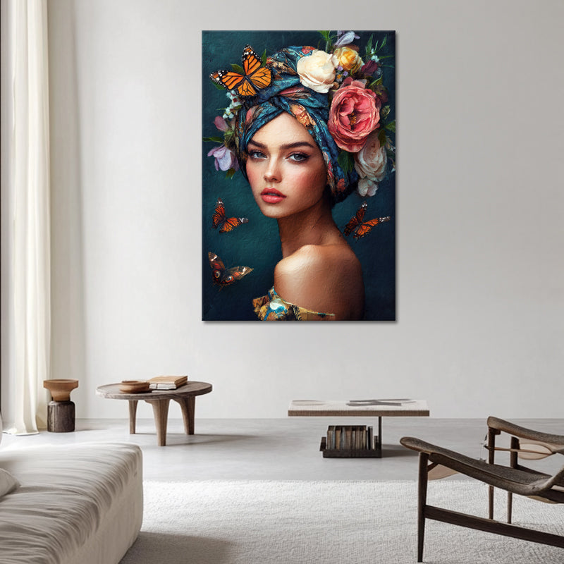 Schöne Frau mit Blumen und Schmetterlingen II