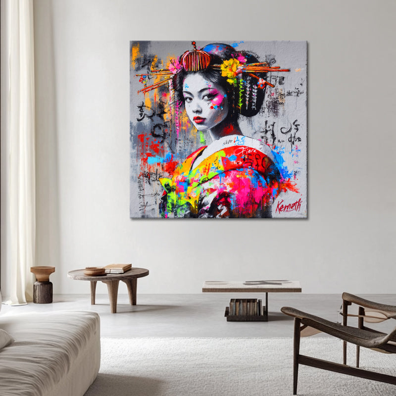 Asiatische Frau im Kimono-Graffiti