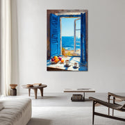 Raam met blauwe luiken