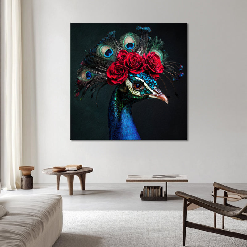 Pfau in Delfter Blau und Blumen