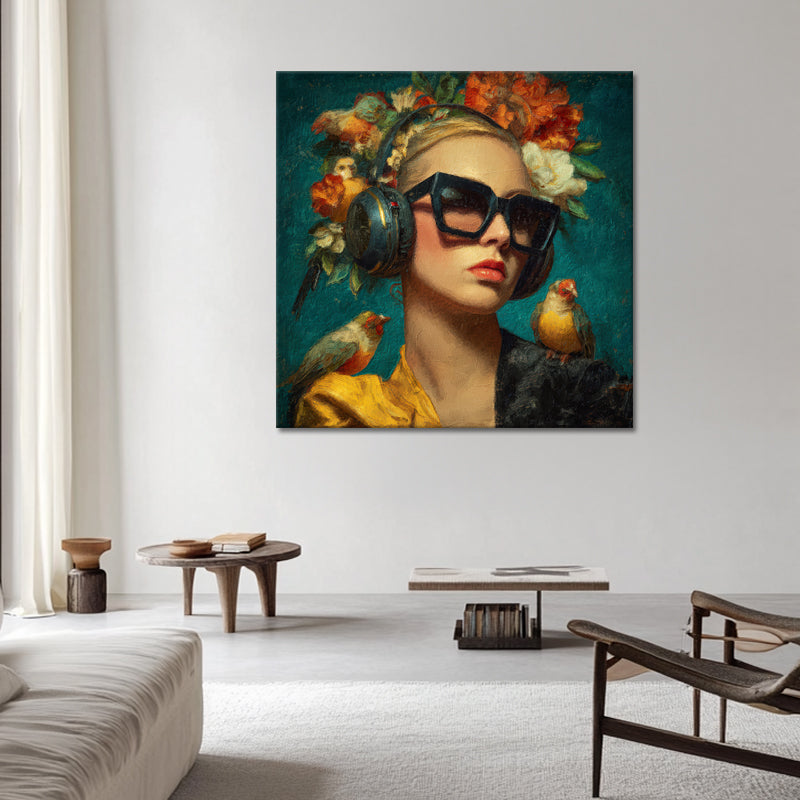 Frau mit Sonnenbrille und Kopfhörern