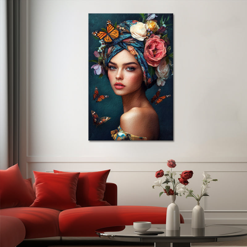 Schöne Frau mit Blumen und Schmetterlingen II