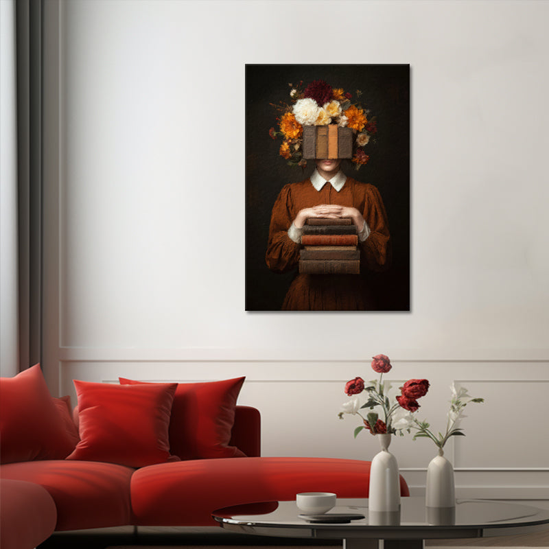Vrouw met boeken en bloemen