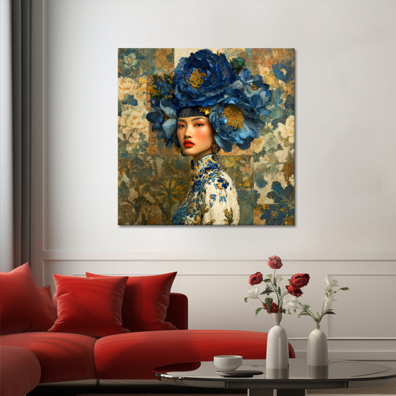Vrouw met blauwe bloemen
