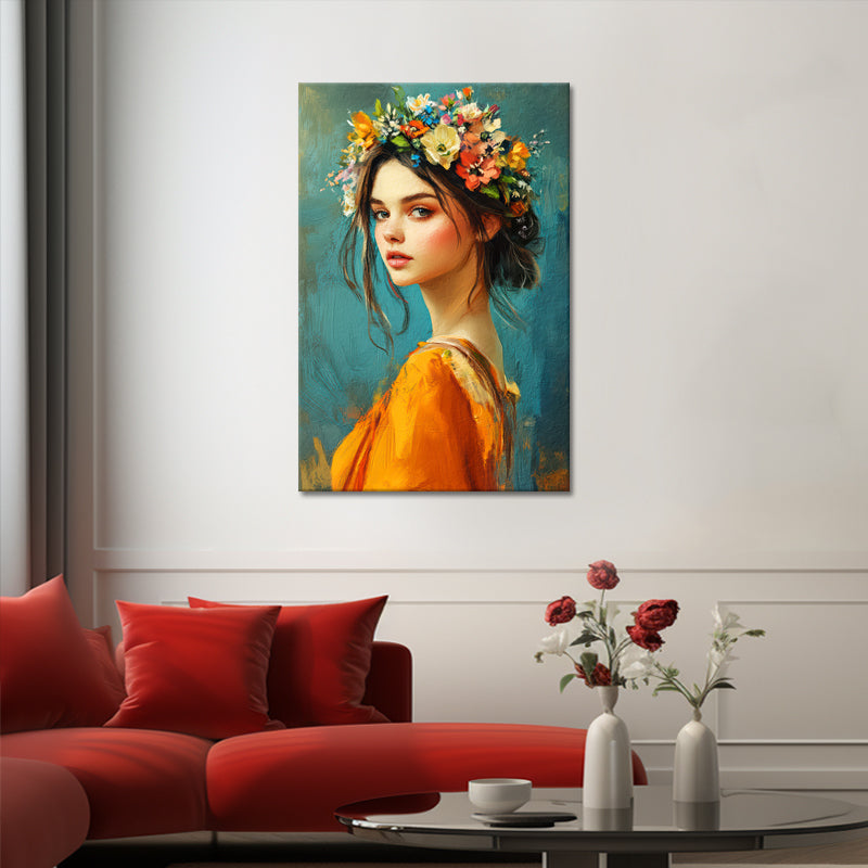 Schilderij mooie vrouw met bloemen