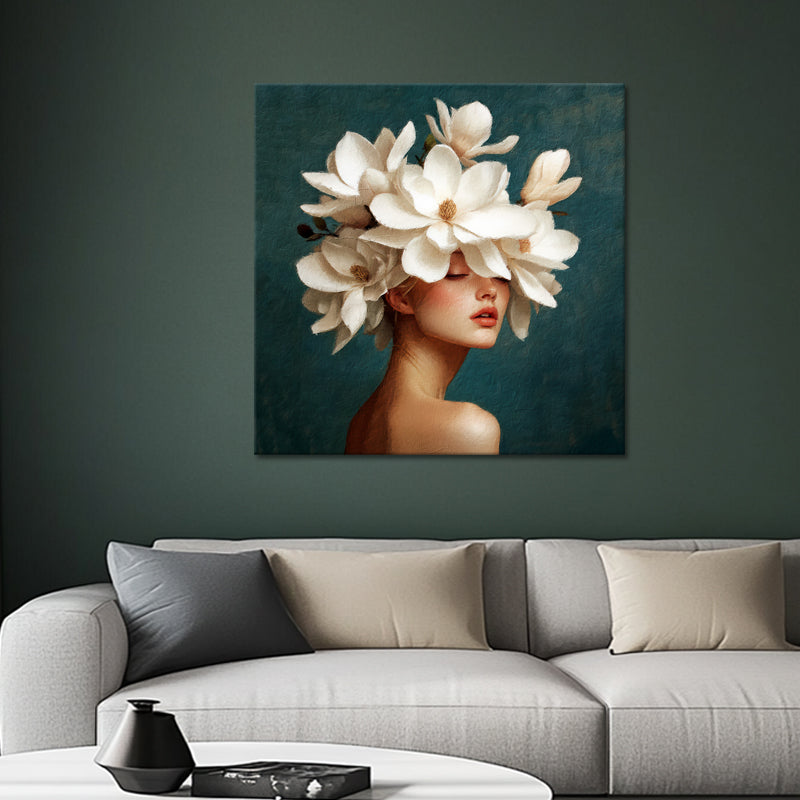 Frau mit weißen Magnolienblüten
