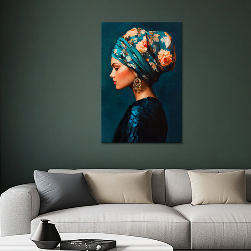 Eine Frau mit einem Turban mit Blumen