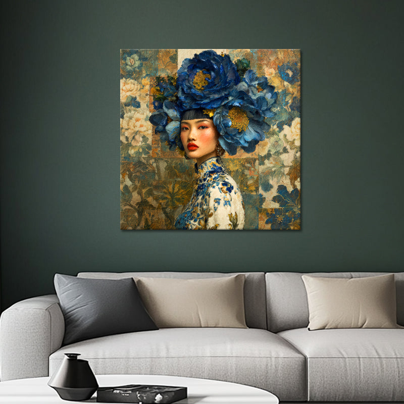 Vrouw met blauwe bloemen