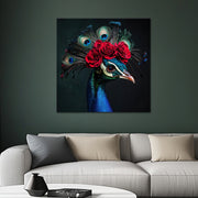 Pfau in Delfter Blau und Blumen