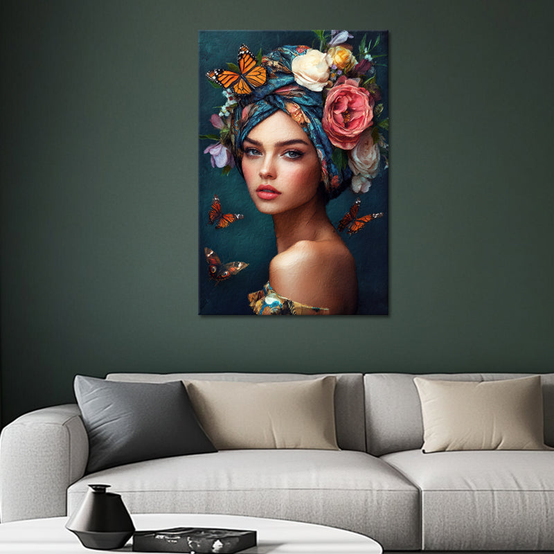 Schöne Frau mit Blumen und Schmetterlingen II
