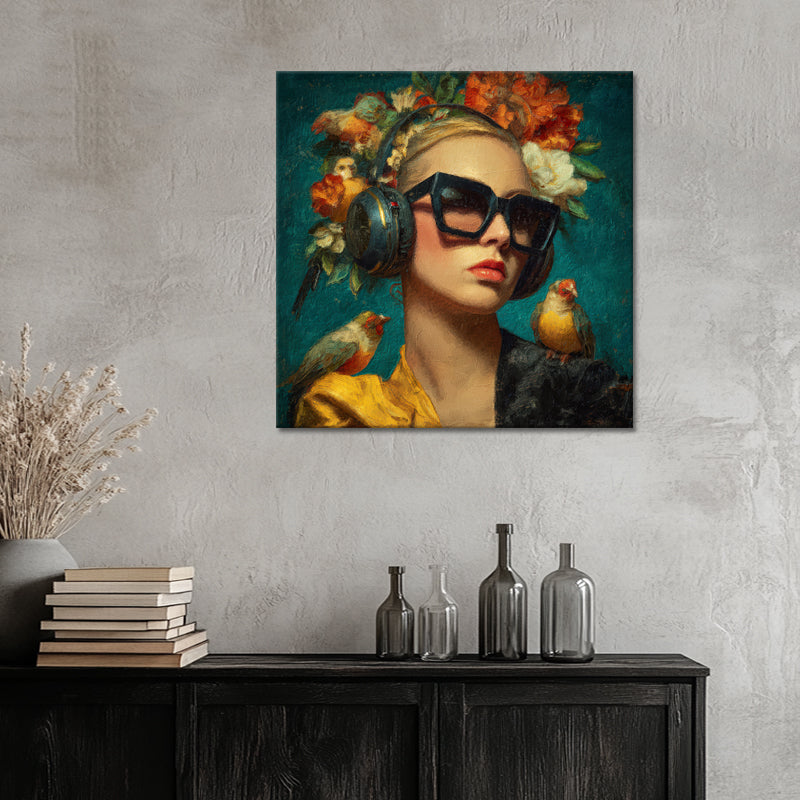 Frau mit Sonnenbrille und Kopfhörern