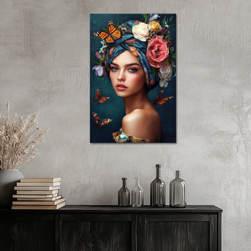 Schöne Frau mit Blumen und Schmetterlingen II