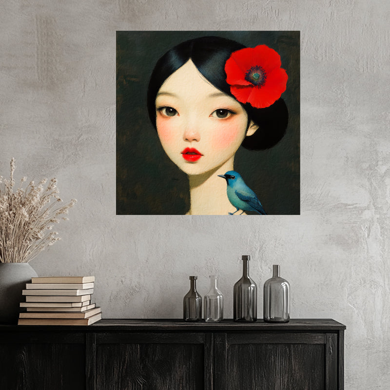 Asiatische Frau mit Vögelchen