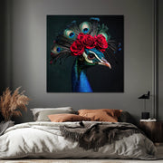 Pfau in Delfter Blau und Blumen