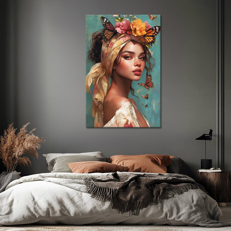 Schöne Frau mit Blumen und Schmetterlingen III