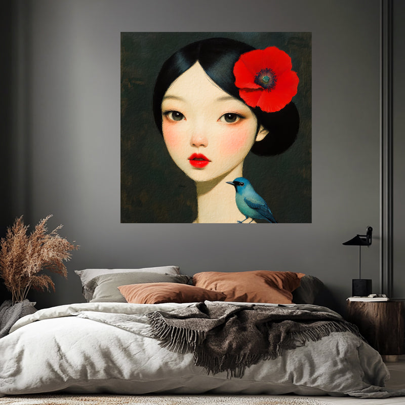 Asiatische Frau mit Vögelchen