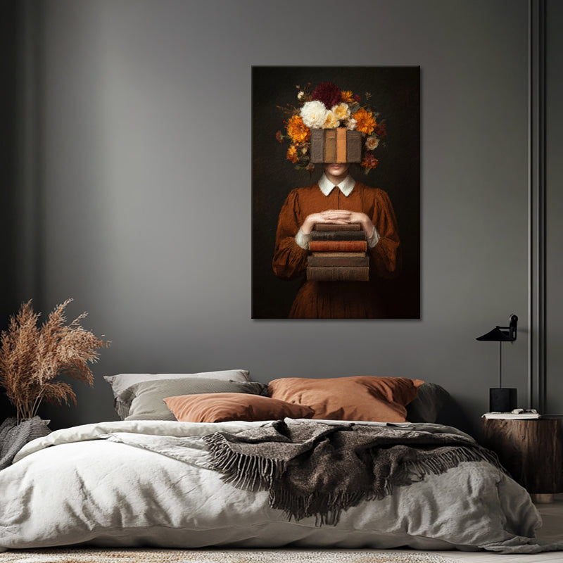 Vrouw met boeken en bloemen