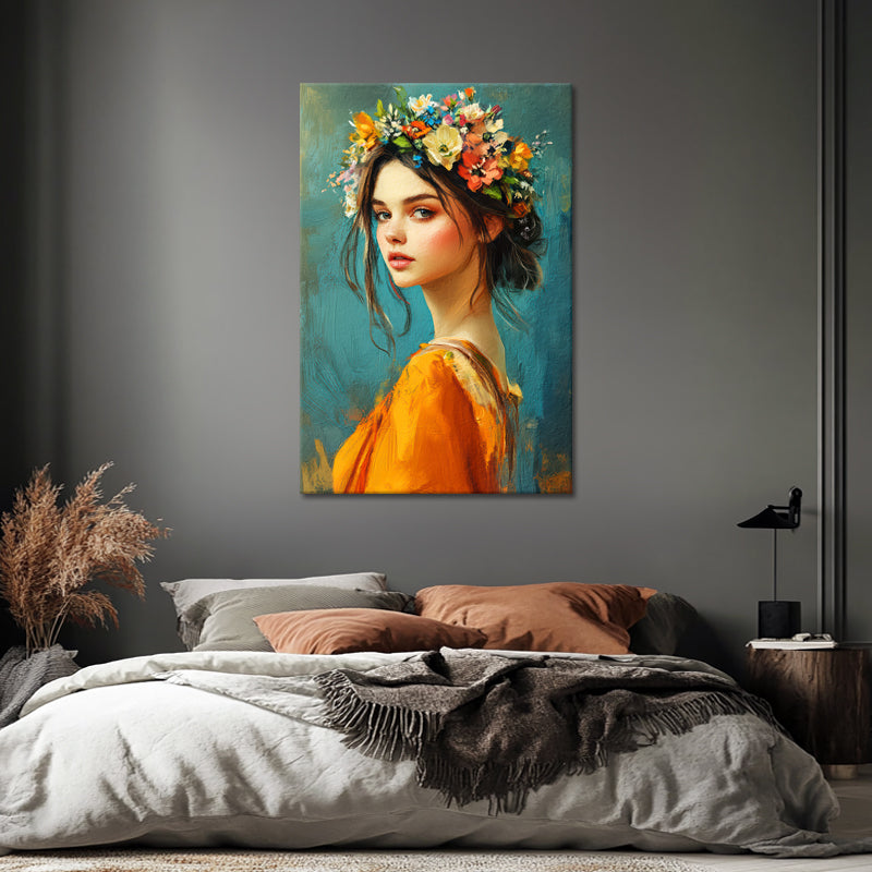 Schilderij mooie vrouw met bloemen