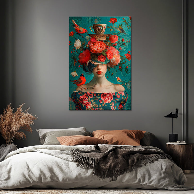 Vrouw tussen Bloemen en vogels