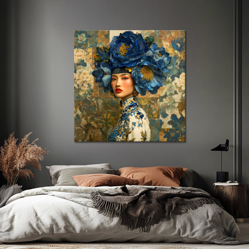 Vrouw met blauwe bloemen