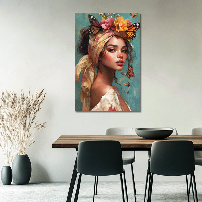 Schöne Frau mit Blumen und Schmetterlingen III