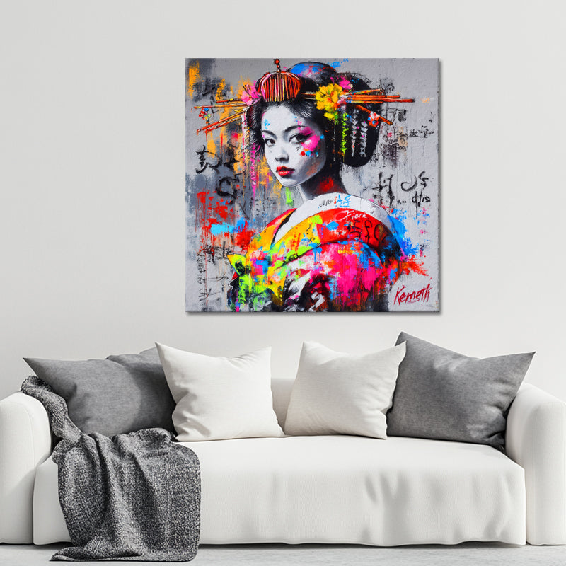 Asiatische Frau im Kimono-Graffiti