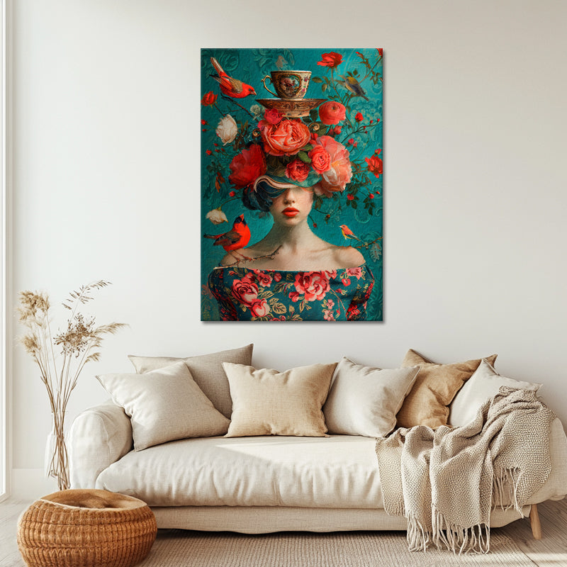 Vrouw tussen Bloemen en vogels