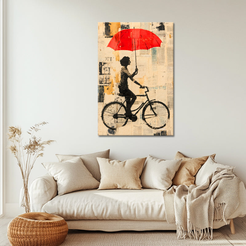 Mit dem Fahrrad mit Regenschirm