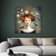 Frau mit Blumen und Vögeln